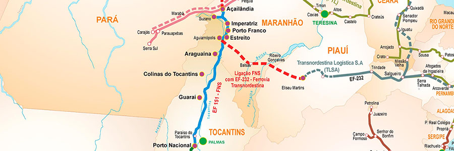 Mapa do trecho Açailândia/MA–Palmas/TO